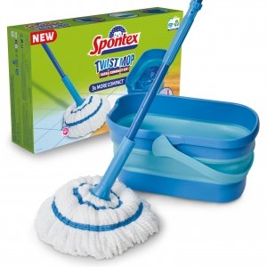 promo Spontex Kit Balai serpillère & seau ultra-compact Twist Mop - Franges en microfibre avec système d’essorage intégré - Seau rétractable de 10L - Nettoie les sols stratifiés, planchers et carrelages