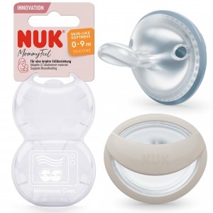 promo NUK MommyFeel Sucette pour bébé - 0-9 mois - Sucettes compatibles avec l'allaitement - Silicone sans BPA - Bleu jeans et gris-beige - Lot de 2