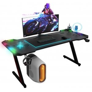 promo Devoko Bureau Gaming LED 160×60cm, Bureau Gamer avec Lumière RGB, Tapis de Souris, Porte-gobelet et Crochet pour Casque, Bureau Informatique Ergonomique (Noir,160×60cm)