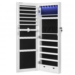 promo SONGMICS Armoire à Bijoux avec Miroir Long, Rangement Bijoux avec 6 Lampes LED, à Suspendre à la Porte ou à Fixer au Mur, Grande Capacité, 2 Tiroirs, Blanc JJC99WT