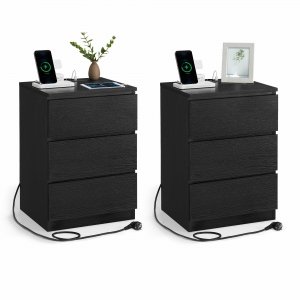 promo VASAGLE Table de Chevet avec Multiprise, Lot de 2, Table d’Appoint avec 3 Tiroirs, 2 Prises CA, 2 Ports USB, Façades de Tiroirs Biseautées, pour Salon, Chambre, Bureau, Moderne, Noir Boisé LET831B56