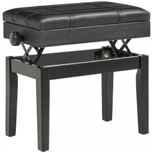 promo HOMCOM Banquette Tabouret siège pour Piano Coffre intégré Hauteur réglable Bois hévéa Assise revêtement synthétique Noir