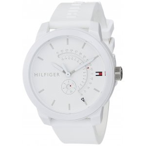 promo Tommy Hilfiger Montre Analogique Quartz Homme - Cadran Blanc, Bracelet en Silicone Blanc, Fonctions Jour & Date, Boîtier de 44 mm, Résistant à l'eau 3ATM - 1791481