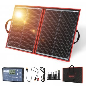 promo DOKIO Kit Panneau Solaire 100W 18V Pliable Portable Monocristallin Avec régulateur de charge solaire (2 ports USB) pour batteries 12V, camping-car, bateau