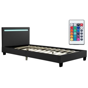 promo Juskys Lit rembourré Verona 90x200 cm avec sommier à Lattes, éclairage LED et tête de lit, Cadre de lit avec revêtement en Similicuir, 1 Personne, Noir