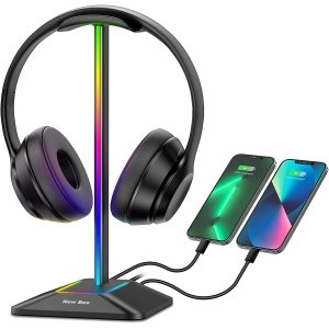 promo New Bee Support Casque RGB Gamer avec 2 Ports Type-c et USB Casque Stand Transmission de Données, Universel pour Casque de Gaming PC(Noir)