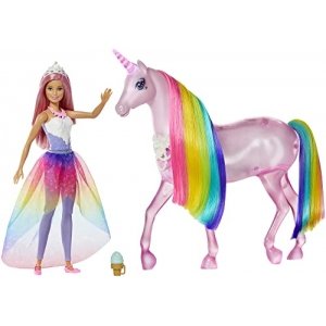 promo Barbie Dreamtopia Licorne Rose Lumières Magiques crinière Arc-en-Ciel, Sons et lumières et poupée Royal, Emballage fermé, Jouet pour Enfant, GWM78