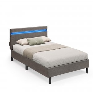 promo VASAGLE Lit Simple en Métal, 90 x 190 cm, Cadre de Lit, avec Tête de Lit, Éclairage LED, Prise Port USB et Type-C, Style Moderne, pour Chambre d’Amis, Adolescent, Gris Foncé RMB801G71