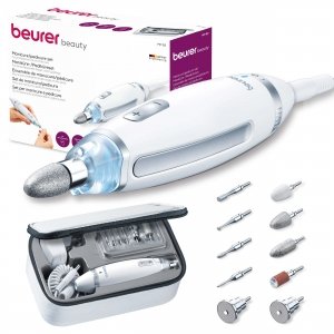 promo Beurer MP 62 Ponceuse pour ongles électrique, 10 embouts, lumière LED et pochette de rangement, blanc