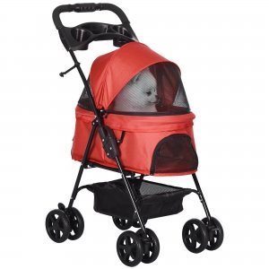 promo PawHut Poussette buggy pliable chien chat panier rangement porte-gobelets tissu 300D Oxford imperméable 4 roues rouge