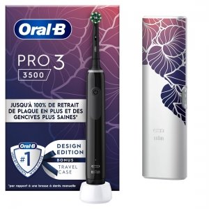 promo Oral-B Pro 3 3500 Brosse À Dents Électrique, Avec Capteur De Pression Pour Protéger Les Gencives, 3 Modes De Nettoyage, 1 Manche Noir, 1 Étui De Voyage, 1 Brossette Ronde De Rechange