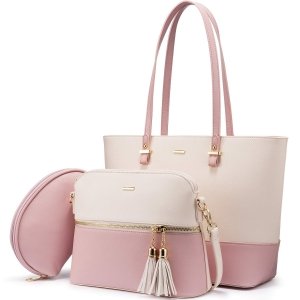 promo LOVEVOOK Sac à Main Femme Sac à épaule Sac à bandoulière femme Grand sac fourre-tout pour femme pour Collège Affaires, Ensemble 3 pièces sac à main Cuir PU végétalien Rose Abricot