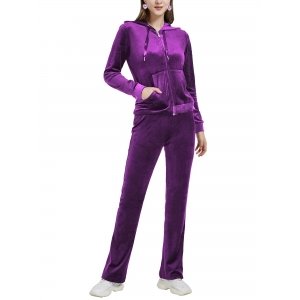 promo Woolicity Survêtement Femme Ensembles Sportswear Jogging Pyjama Pantalon de jogging en velours uni à capuche sport décontracté La couleur violette XXL