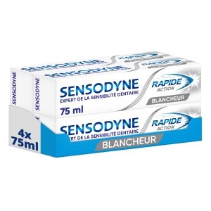 promo Sensodyne Dentifrice Blanchissant Rapide Action , Soulagement Rapide pour Dents Sensibles et Protection Quotidienne Longue Durée avec Action Blancheur, Lot de 4x75 ml