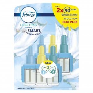 promo Febreze 3Volution ZERO% Recharges Diffuseur Parfum Maison Électrique Linge Frais (2 x 20ml), Désodorisant Smart Programming avec 3 Parfums En Alternance, Élimination Des Odeurs Maison