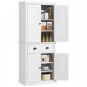 promo HOMCOM Armoire de Cuisine Buffet Cuisine vaisselier Multi-rangements étagères réglables 4 Portes et Grand tiroir 76 x 40 x 183 cm Blanc