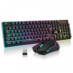 promo RedThunder K10 Ensemble Clavier et Souris Gaming sans Fil, AZERTY FRANÇAIS, Rétroéclairage LED 3800mAh Batteries Rechargeables, Clavier USB Anti-ghosting + Souris 7D 3200DPI pour PC Gamer Xbox(Noir)