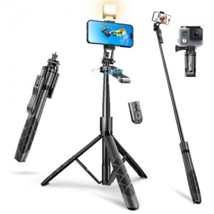 promo Perche à Selfie trépied avec lumière de Remplissage, poignée d'équilibre, Support de téléphone Bluetooth en Aluminium, 1,54 m, Compatible avec iPhone et Tous Les Autres smartphones