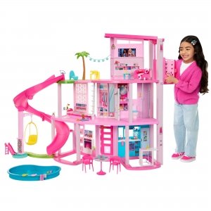 promo Barbie Coffret Maison de Rêve Poupée Mannequin, Design en Spirale sur 3 Niveaux, 10 Espaces de Vie Inclus Piscine, Toboggan, et Ascenseur, 75Accessoires Inclus,Jouet pour Enfant de 3 ans et Plus,HMX10