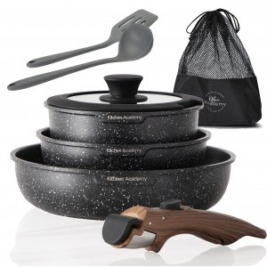 promo Kitchen Academy Lot de 10 Casseroles et Poêles, Poêle à Frire 20 cm/25 cm, Casserole 18 cm, Induction, Poignée Amovible, Revêtement Antiadhésif, Noir