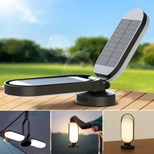 promo Moslumin Lampe Solaire Camping Rechargeable, LED Lanterne Camping Interieur et Exterieur, 5000mAh Batterie Externe Solaire, Puissante Portable Imperméable Pliable, Lumiere pour Camping Accessoires