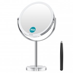 promo Auxmir Miroir Maquillage Grossissant 1X et 30X Double Face, Miroir de Table avec Support Rotation à 360°, Miroir Coméstique Pivote à Deux Côtés pour Chambre et Salle de Bain