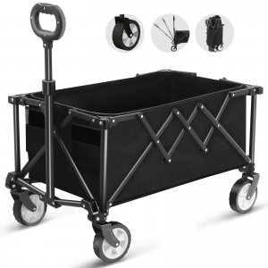 promo Wagon Pliant à roulettes, Chariot de Grande Capacité de 100kg avec Poignée Réglable et Sac à Couvercle, Chariot de Pique-Nique pour Festival Shopping Camping Jardin Plage (Noir)