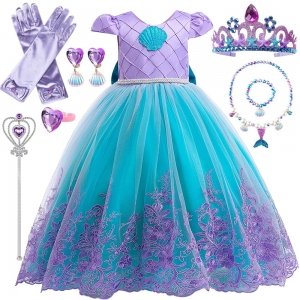 promo YYDSXK Robe Princesse Fille, Sirène Costume Déguisement Enfant avec Ensemble de Collier de Couronne, Ariel Robe Princesse Bébé pour Costume Halloween Anniversaire Fêté Carnaval Cosplay (110cm)