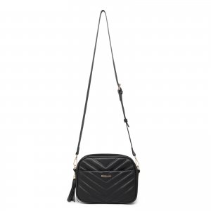 promo Miss Lulu Sac à bandoulière pour femme en cuir synthétique, texture tricot en forme de V, décoration à pompons, classique, avec bandoulière amovible et réglable,noir