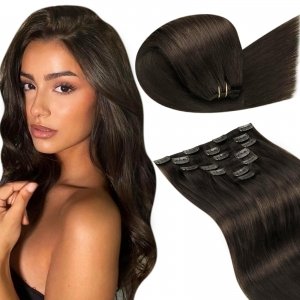 promo LaaVoo Extension Cheveux Naturel Clip Marron Fonce Extension a Clip Cheveux Naturel Brun Le Plus Fonce 45cm 7pcs 105g Extension Cheveux Humain Brun Fonce Remy #2