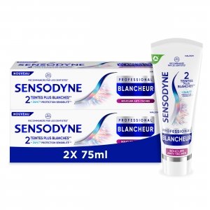 promo Sensodyne Professional Blancheur, Dentifrice blanchissant cliniquement prouvé pour les dents sensibles visiblement plus blanches, Bouclier Anti-tâches Menthe, Pack de 2 x 75 ml