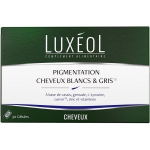 promo LUXÉOL - Pigmentation Cheveux Blancs & Gris - Complément Alimentaire - Contribue À La Pigmentation Normale - Cassis, Vitamine E B6 B8, Cuivre, Zinc - Fabriqué En France - Programme 1 Mois - 30 Gélules