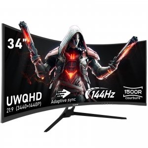 promo Gawfolk Écran PC Ultra Large 34 Pouces 1500R incurvé 144Hz Gaming Computer Moniteur,21:9 UWQHD(3440x1440),Adaptive Sync，HDR，178 ° Angle Vue，HDMI、DisplayPort，VESA 75 * 75MM-Noir