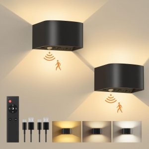 promo FULEN Applique Murale à Détecteur de Mouvement avec Télécommande, 3 Couleurs,Lumière Murale sans fil LED, Applique Murale Haut et bas, Batterie Rechargeable 5000mAh, Alimentation par Batterie,2 Pièces