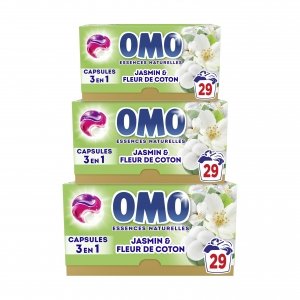 promo OMO - Lessive liquide en capsules 3 en 1 Prendre l'air - 87 lavages - Jasmin et Fleurs de Coton - propreté éclatante & parfum longue durée aux essences naturelles (lot de 3x29)