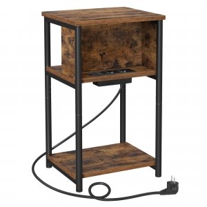 promo VASAGLE Table d'Appoint, Petite Table de Chevet avec Multiprise, Fin, 2 Prises CA, 2 Ports USB, 30 x 34 x 58 cm, pour Salon, Chambre, Marron Rustique et Noir LET375B01