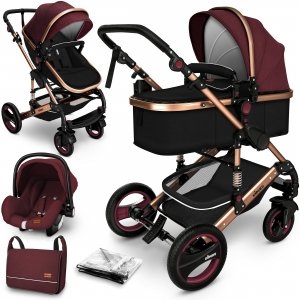 promo KIDUKU® Poussette Combinée 3 en 1 | Trio pour Enfants | Siége Auto Légère, Piable | Nacelle Souple Convertible | Set de Voyage (Bordeaux)