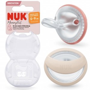 promo NUK MommyFeel Sucette pour bébé - 0-9 mois - Sucettes compatibles avec l'allaitement - Silicone sans BPA - Rosé et ocre - Lot de 2