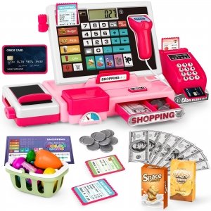 promo maysida Caisse enregistreuse pour enfant, jouet, avec véritable calculatrice, scanner, carte de crédit, argent de jeu, nourriture (rose)