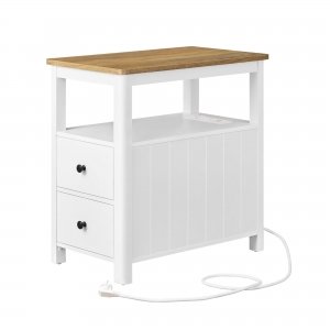 promo VASAGLE Table d’Appoint avec Multiprise, Table de Chevet avec 2 Tiroirs, Petite Table Basse avec Étagère, pour Petits Espaces, Style Charme de la Côte, Marron Chêne et Blanc LET327W14