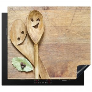 promo KitchenYeah© Protection Plaque Induction 60x52 cm Protege Deco Cuisine Cache Protège De Cuisson Accessoire Bois - Cuillères - Marron - Smiley