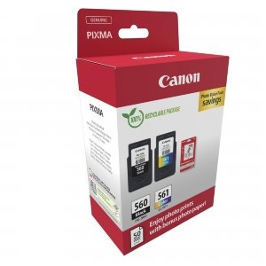 promo Canon Multipack Cartouche Encre & Papier - PG-560/CL-561 Cartouches d'encre Authentiques pour imprimante - 2 Packs (1 x Noir, 1 x Couleur) & Papier Photo 4x6 (50 x Feuilles)