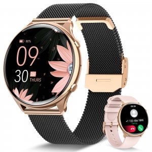 promo RUXINGX Montre Connectée Femme avec Appel Bluetooth 5.3, Smartwatch Suivi des Règles/120+ Modes Sport/SpO2/Fréquence Cardiaque/Sommeil/Tension Artérielle Podometre Calories IP68 Android iOS Or Noir