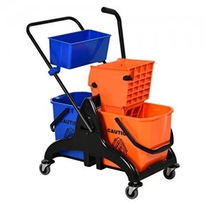 promo HOMCOM Chariot de Lavage Chariot de Nettoyage Professionnel Presse à mâchoire 2 seaux + Rangement Orange Bleu