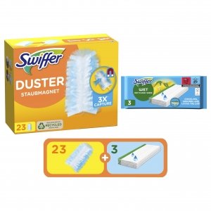 promo Swiffer Kit Recharge Plumeau et Balai, Inclus 23 Recharges Duster Plumeau et 3 Lingettes Humides Balais Swiffer, Attrape Et Retient 3 Fois Plus De Cheveux Et Poussière Qu’un Plumeau Ordinaire