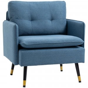 promo HOMCOM Fauteuil scandinave Dossier capitonné avec Passepoil en Tissu 76 x 68 x 80 cm - Bleu et Pieds en métal Noir et doré