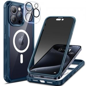 promo seacosmo Anti Espion Coque iPhone 15 Pro Max Magnétique Compatible avec MagSafe, Anti Peeping Antichoc Housse avec Protection écran Verre Trempé Privacy + Protecteur Caméra [HD 9H Dureté] - Bleu