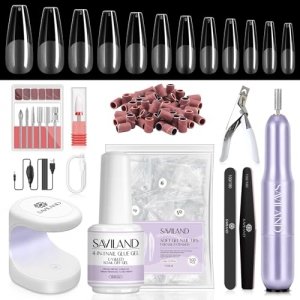 promo SAVILAND Kit Pose Americaine Ongles, 500PCS Coffin Long Capsules Ongle avec Portable Lampe U V/LED a Ongle, Ponceuse a Ongle professionel et 15ml Colle Faux Ongles, Ongle Gel Kit Complet pour Debutant