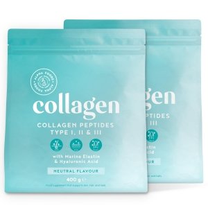 promo Collagene Poudre [2x400gr] | Collagen Peptides (Type I, II & III) | Collagène Hydrolysé en Poudre enrichi avec Elastine & Acide Hyaluronique pour Peau, Cheveux et Ongles | Goût Neutre | Alpha Foods