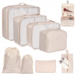 promo TAMOWA Organisateur de Voyage, Lot de 9 Organiseurs de Bagage pour Voyage, Sacs Rangement de Valise Voyage, Packing Cubes pour Les Vêtements, Chaussures et Cosmétiques, Beige